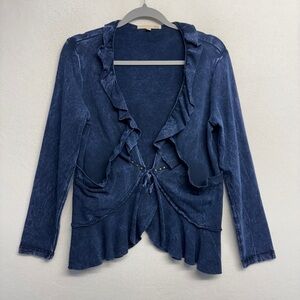 Testimony LA Navy Blue Cardigan Ruffle L Tie Front Pockets Cotton Stretch USA